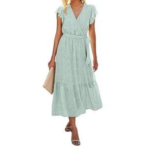 BTFBM Women Summer Bohemian Floral Casual Wrap V Neck Ruffle Cap Sleeveless Belt